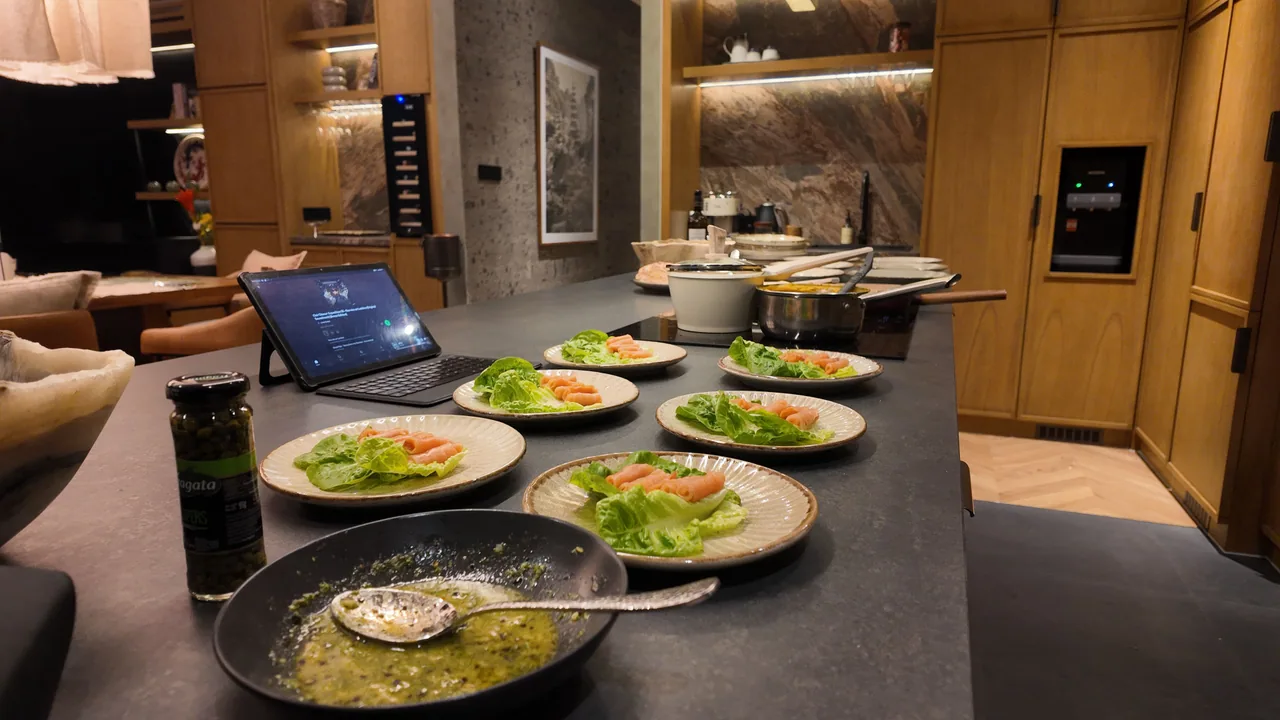 Plates of sliced fish and greens prepared across a villa kitchen island